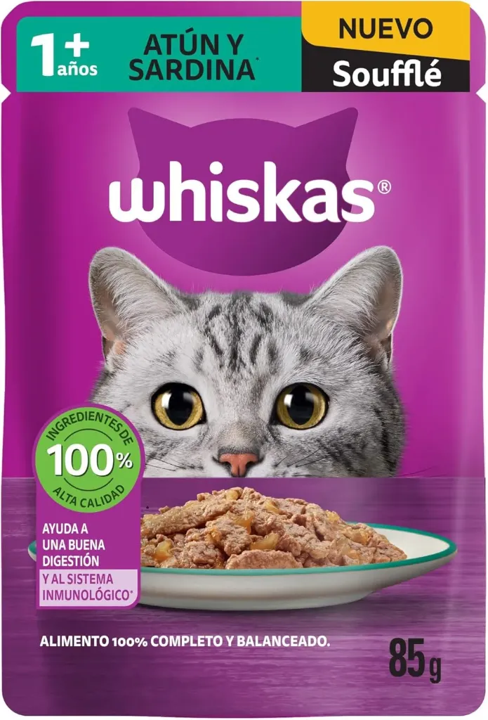 Whiskas Alimento Húmedo para Gatos Adultos, Sabor Soufflé Atún y Sardina 85g c/u. Paquete de 24 Unidades