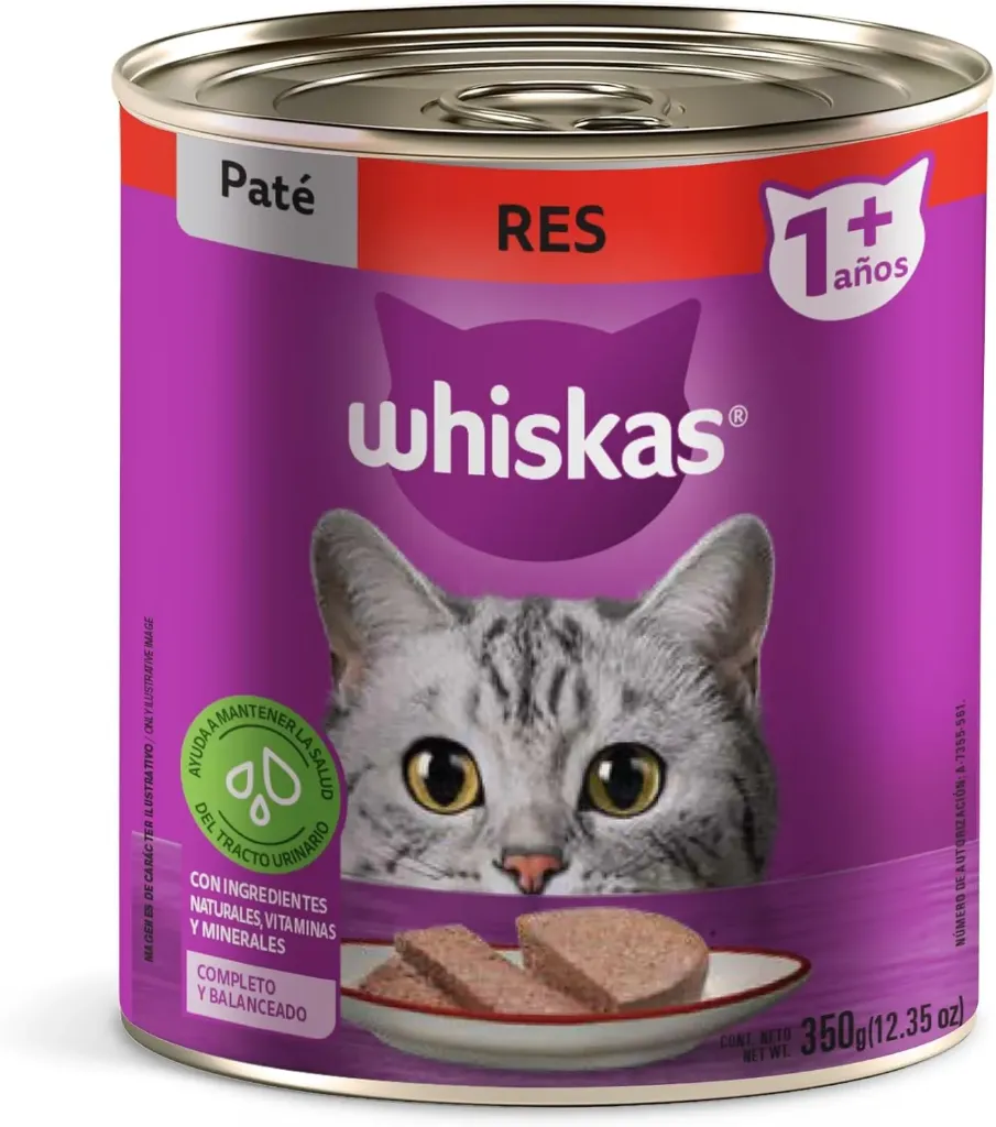 Whiskas Alimento para Gato Adulto en Lata, Sabor Res, Paquete de 24 Piezas, 350g c/u