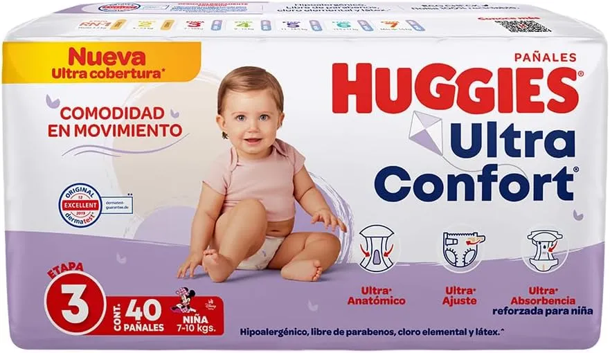 Huggies UltraConfort Pañal Desechable para Bebé, Etapa 3 Niña, Paquete con 40 Piezas