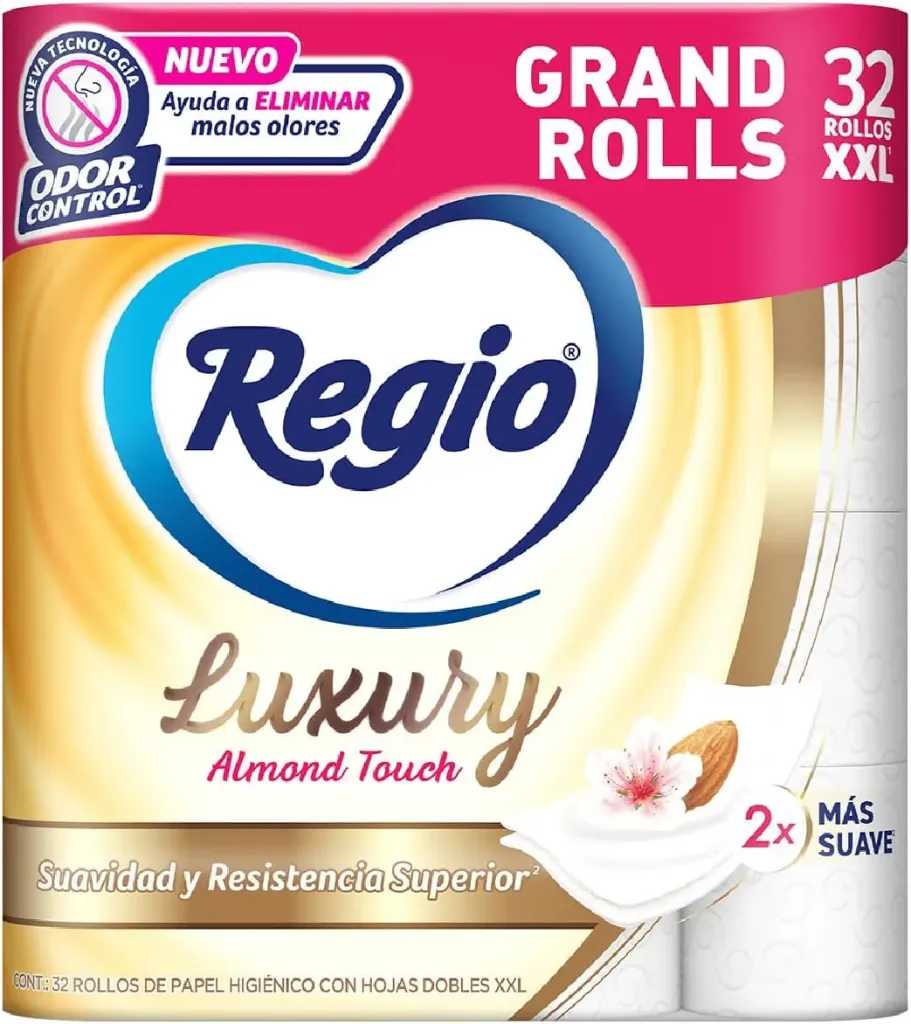 Regio Papel Higiénico Luxury Almond Touch, Ligero Aroma A Almendras Y Hojas Dobles, 32 Rollos