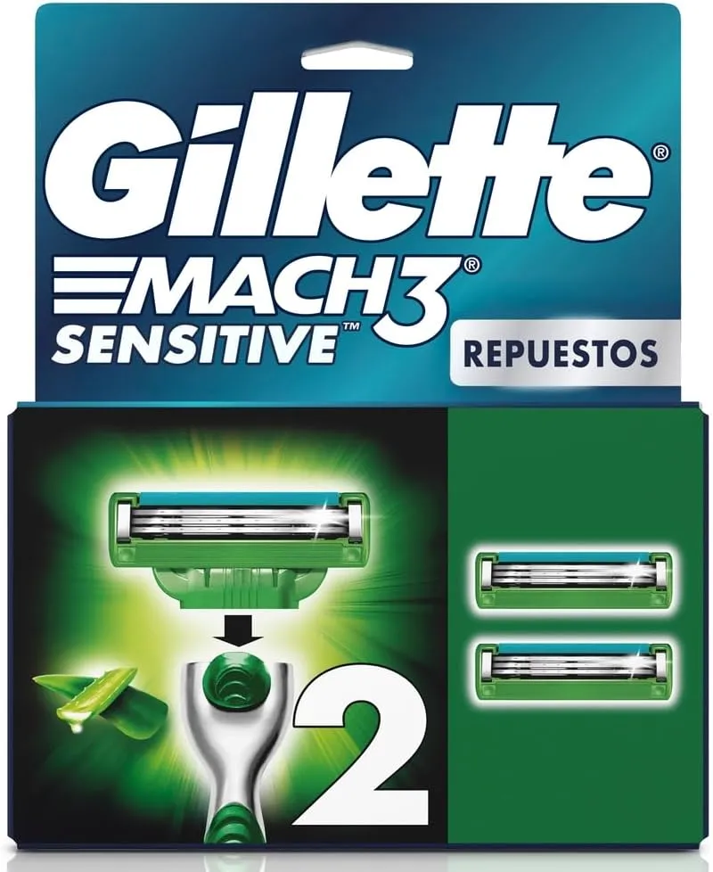 GILLETTE Mach3 Sensitive, Cartucho de Rastrillo para Afeitar, 2 Repuestos con Aloe & 3 Hojas para Rasurar