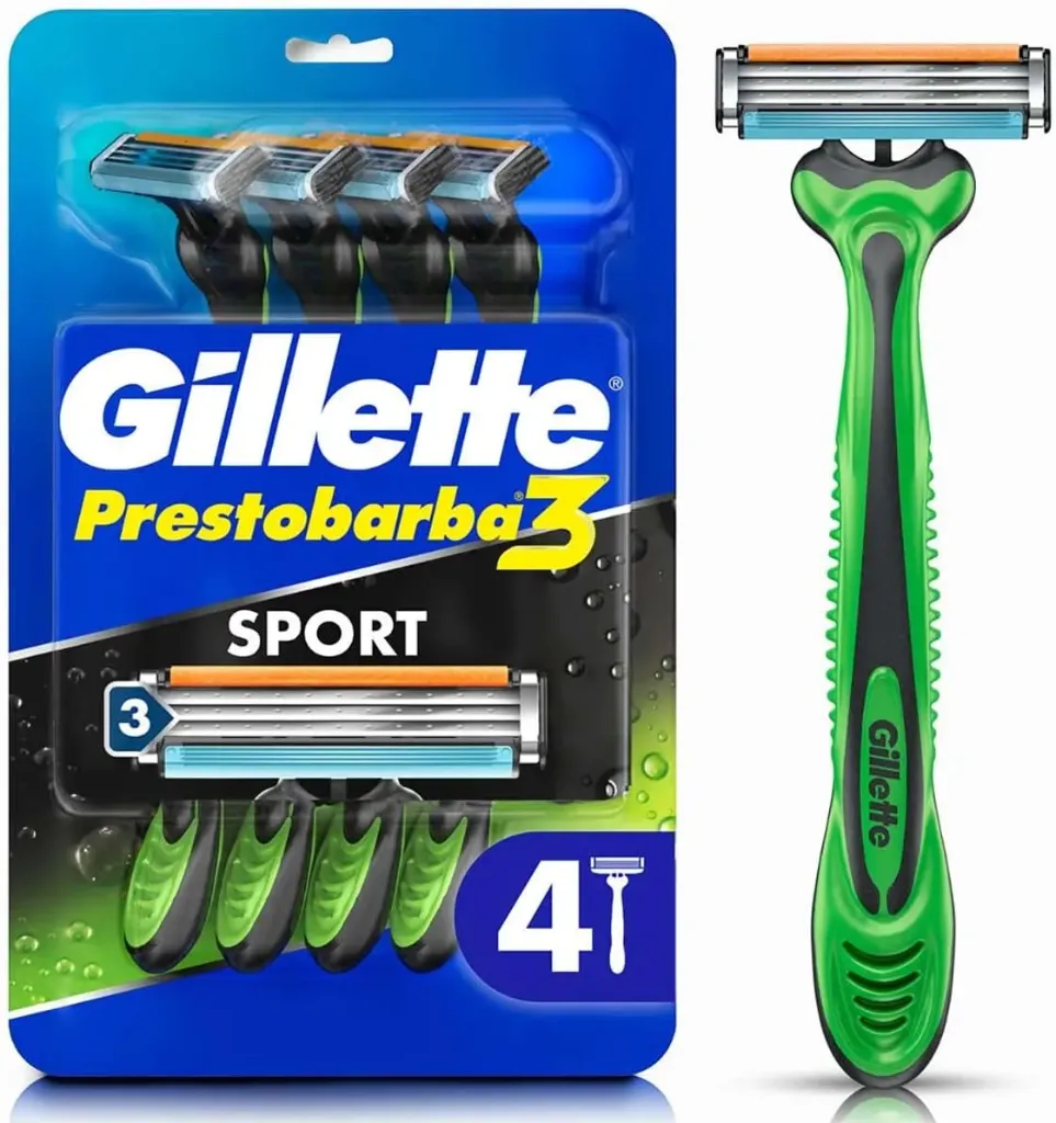 GILLETTE Prestobarba3 Body Sense, Rastrillo para Afeitar Desechable, 4 Rastrillos para Hombre con 3 Hojas
