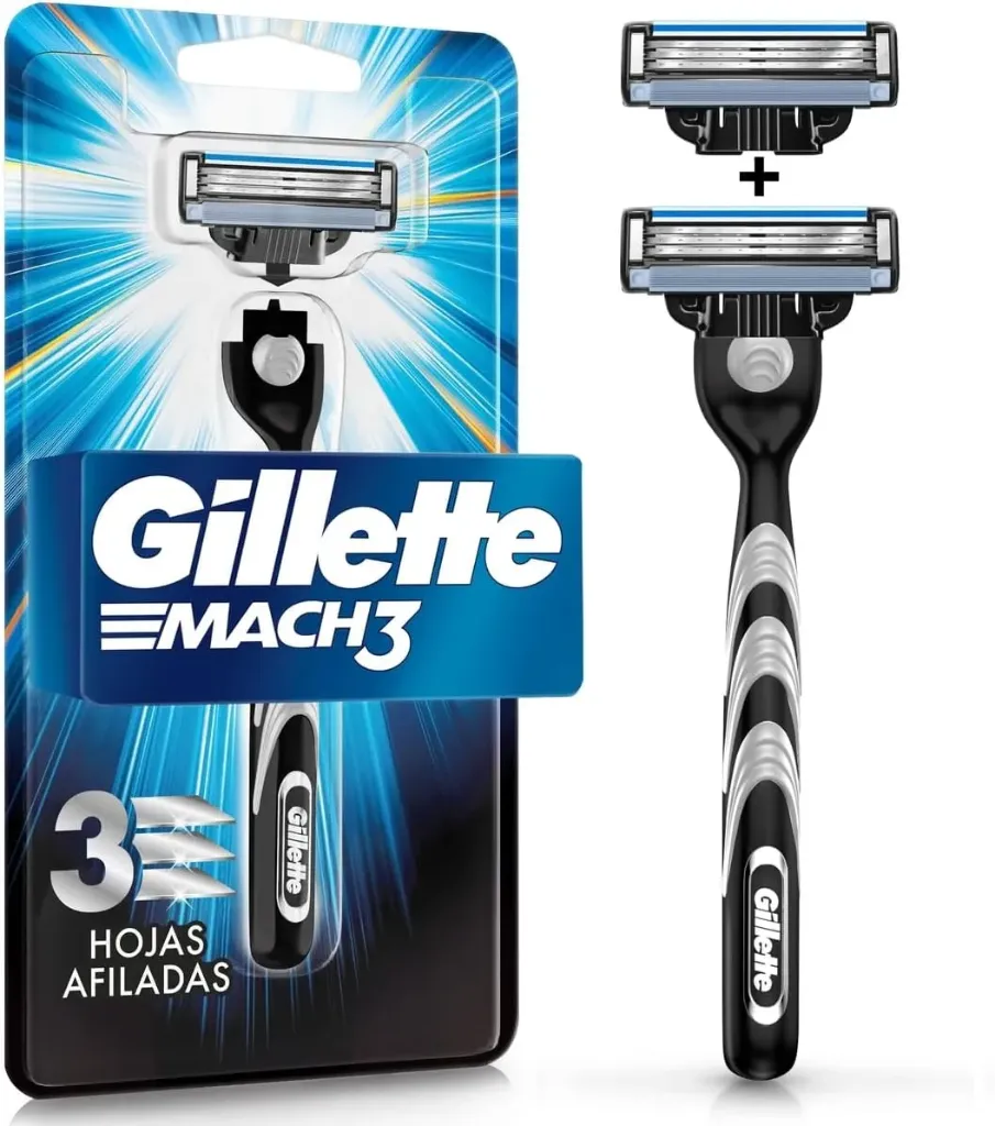 GILLETTE Mach3, Rastrillo para Afeitar Reutilizable, 1 Mango + 2 Cartuchos con 3 Hojas para Rasurar la Barba