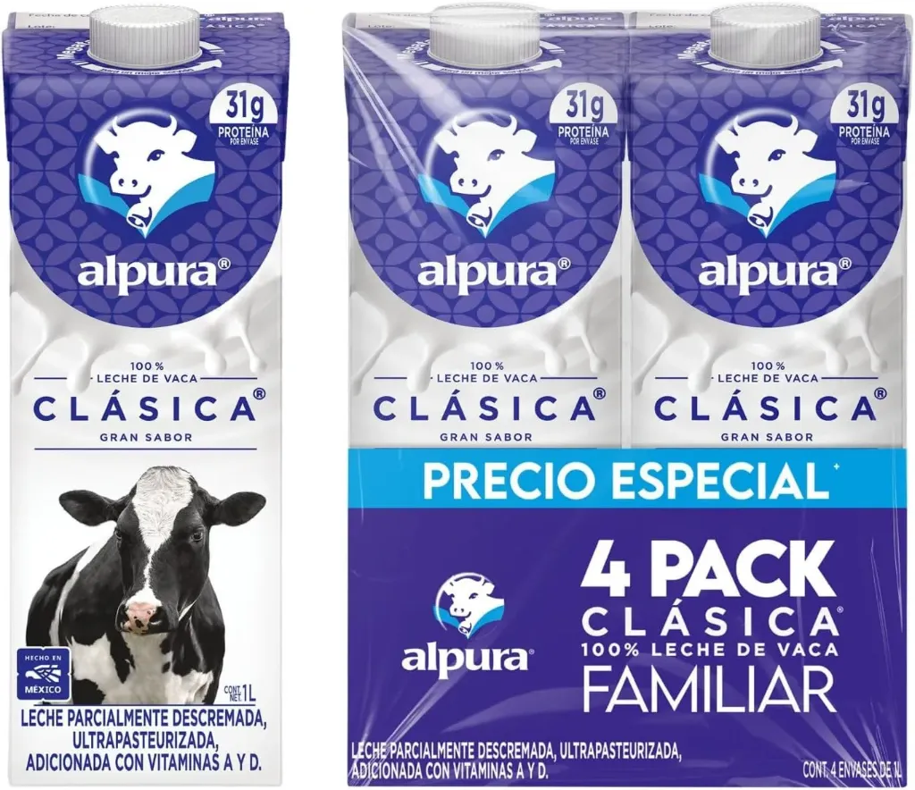 Alpura Leche Clásica 100% leche de vaca Ultrapasteurizada en Paquete de 4 Piezas de 1 Litro cada una