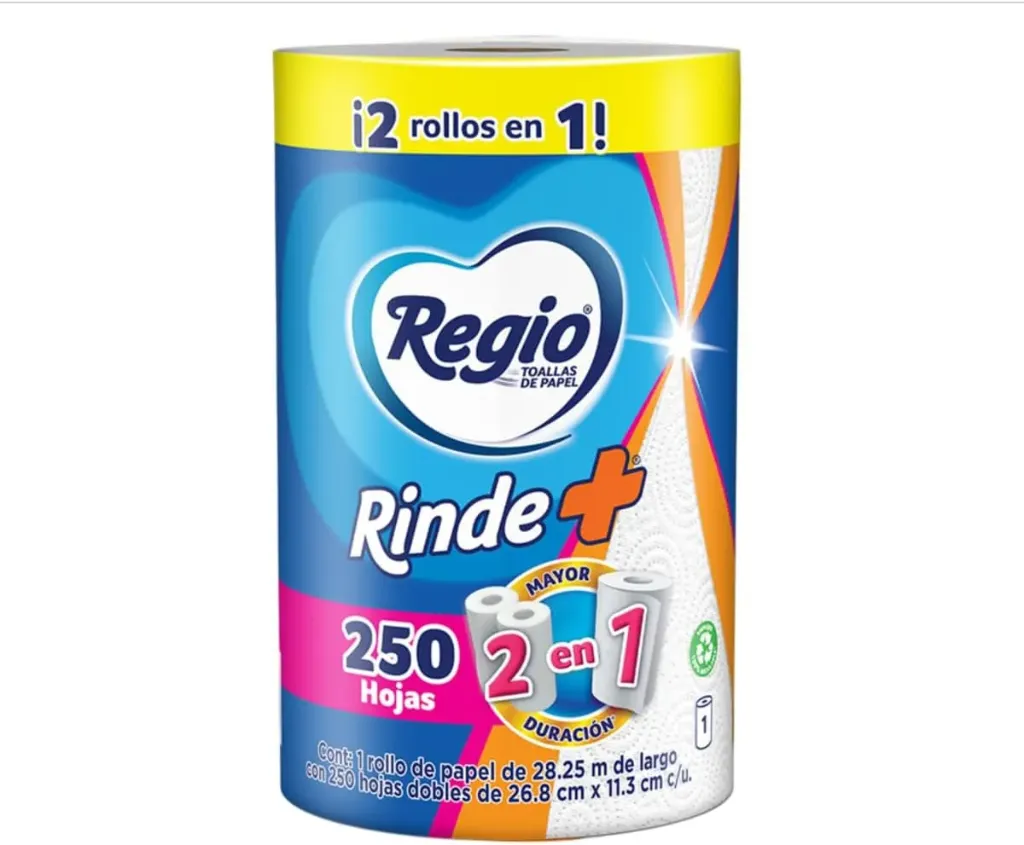 Regio Rinde+ Toallas de papel, 250 hojas dobles paquete de 4 rollos