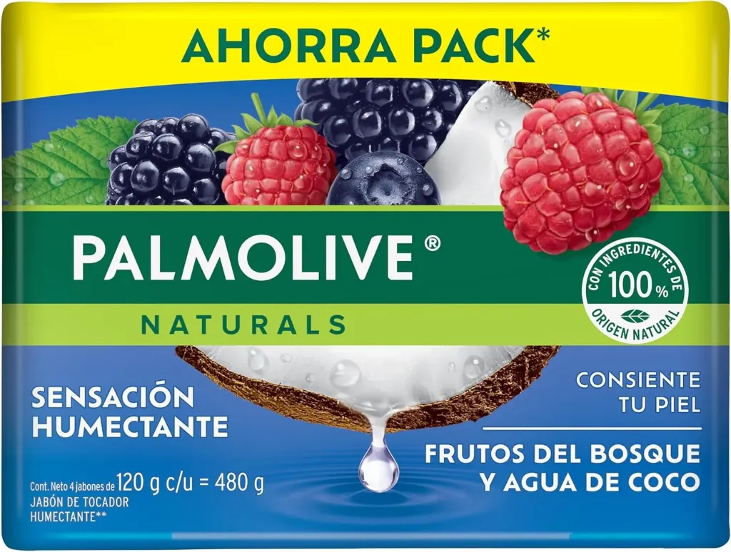 Palmolive Naturals Jabón de Baño Frutos del Bosque y Agua de Coco en Barra 4 x 120 g.