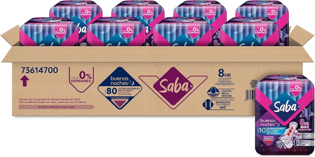Saba Ultra Invisible Buenas Noches, Toallas Nocturnas Con Alas, Flujo Súper Abundante, 80 Piezas