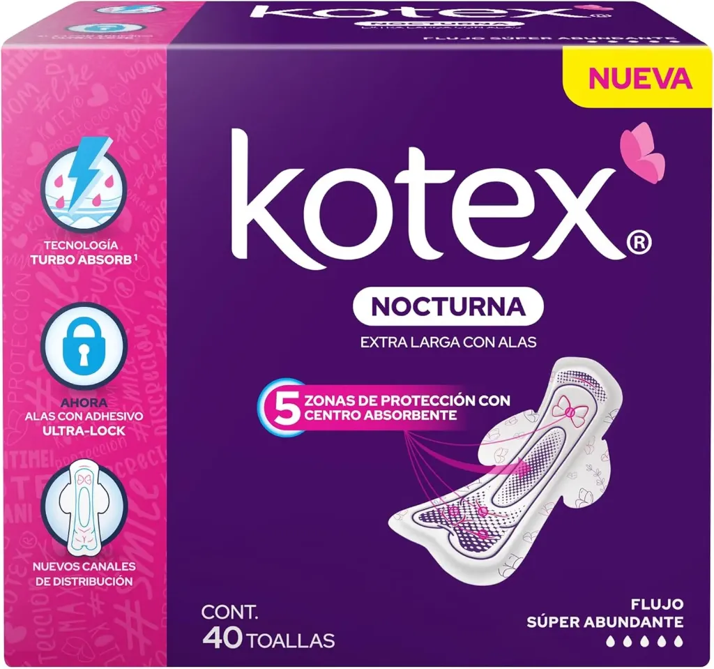 Kotex Nocturna Extra Larga Con Alas, Toalla Femenina, Paquete 40 Toallas