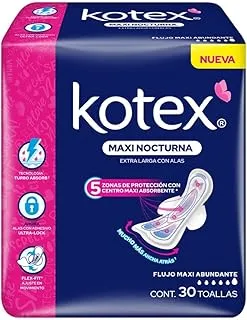 Kotex Maxi Nocturna con Alas, Toalla Femenina, Paquete con 30 Toallas