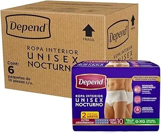 Depend Ropa Interior Nocturno Desechable para Incontinencia, Talla CH-M Unisex, Caja con 6 Paquetes de 10 Piezas